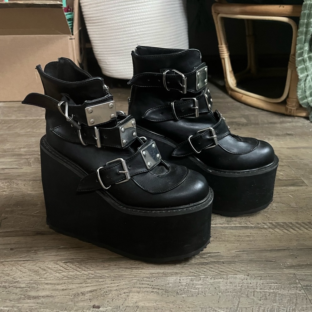 Demonia Black Platform Boots with Silver Buckles